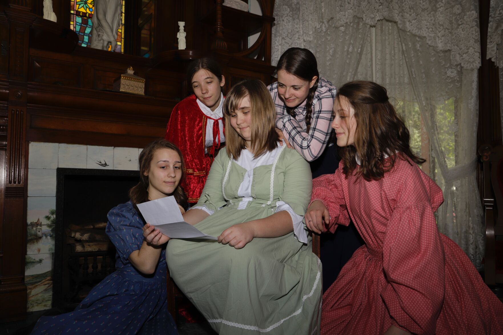 Maizie Wicklund as Amy, Lauren Steinhauer as Meg, Faith Pluister as Marmee, Sofia Scott as Jo and Carrie Willoughby as Beth, Unity Christian Little Women